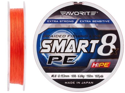 Шнур Favorite Smart PE 8x 150м (red orange) #0.8/0.153 mm 10lb/6.8 kg Шнур для риболовлі Шнур риболовецький XD_16931081 фото