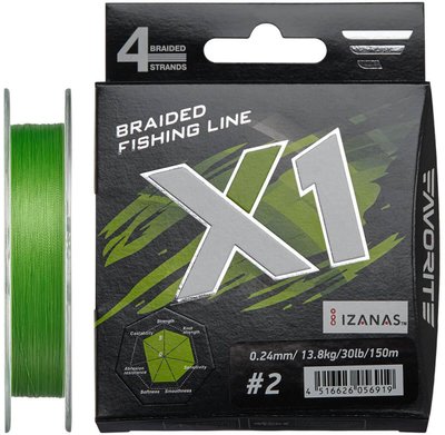 Шнур Favorite X1 PE 4x 150m (l.green) #2.0/0.240 mm 30lb/13.8 kg Шнур для риболовлі Шнур риболовецький XD_16931133 фото