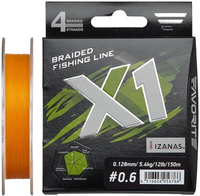 Шнур Favorite X1 PE 4x 150m (orange) #0.6/0.128 mm 12lb/5.4 кг Шнур для риболовлі Шнур риболовецький XD_16931118 фото