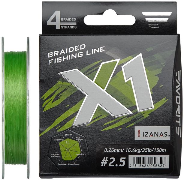 Шнур Favorite X1 PE 4x 150m (l.green) #2.5/0.260 mm 35lb/16.4 kg Шнур для риболовлі Шнур риболовецький XD_16931134 фото