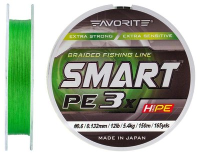 Шнур Favorite Smart PE 3x 150м (l.green) #0.6/0.132 mm 12lb/5.4 кг Шнур для риболовлі Шнур риболовецький XD_16931066 фото